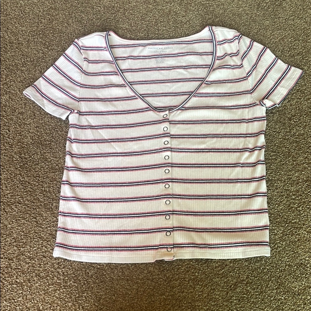 American Eagle Outfitters Cream, Red, White and Blue Short Sleeve Rib Tee